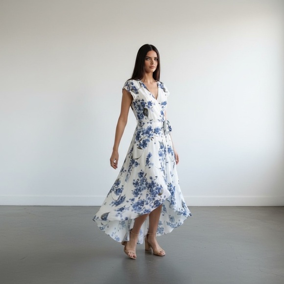 Lulus Dresses & Skirts - Lulus Floral Wrap Maxi Dress L White Blue Garden Print Ruffle Hem Elegant